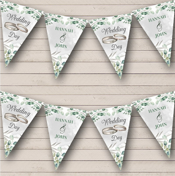 Wedding Days Rings Grey Silver Green Botanical Personalised Party Banner Bunting