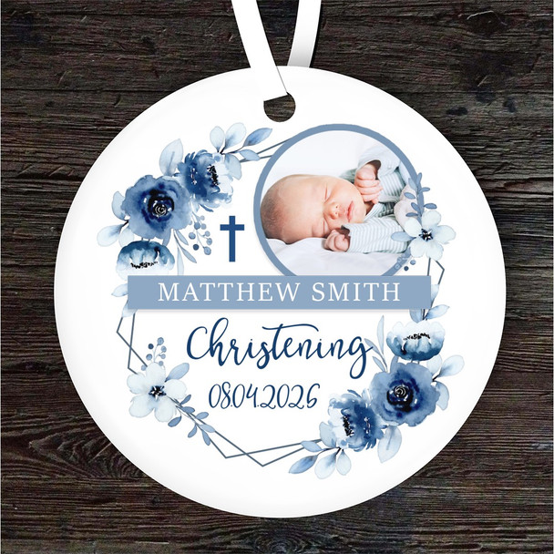 Christening Day Blue Boy Photo Round Personalised Gift Hanging Ornament