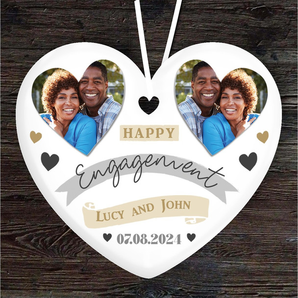 Happy Engagement Couple Photo Hearts Heart Personalised Gift Hanging Ornament