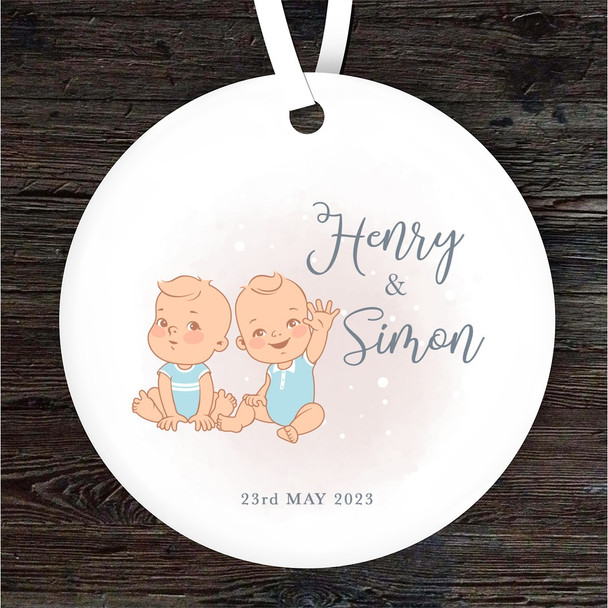New Baby Boy Light Skin Twins Birthday Round Personalised Gift Hanging Ornament