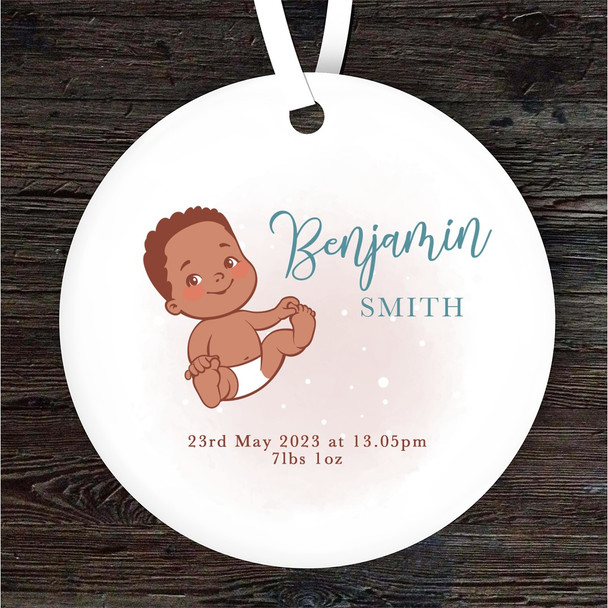 New Baby Boy Dark Skin Round Personalised Gift Keepsake Hanging Ornament Plaque
