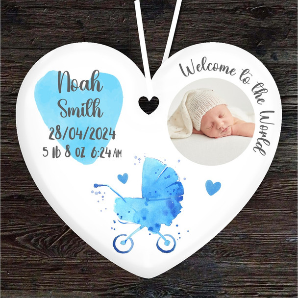 New Baby Boy Blue Photo Birth Details Heart Personalised Gift Hanging Ornament