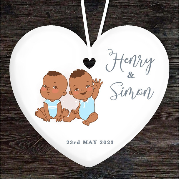 New Baby Dark Skin Boy Twins Heart Personalised Gift Keepsake Hanging Ornament