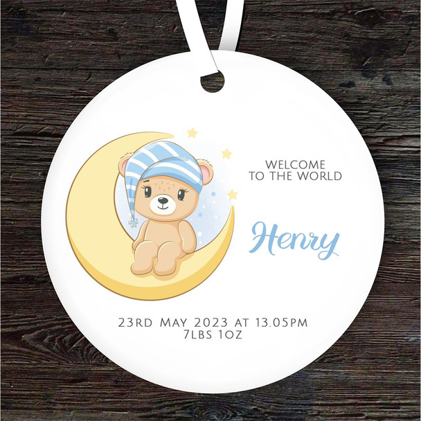 New Baby Boy Blue Bear Moon Round Personalised Gift Keepsake Hanging Ornament