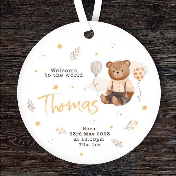 Neutral New Baby Teddy Bear Round Personalised Gift Keepsake Hanging Ornament