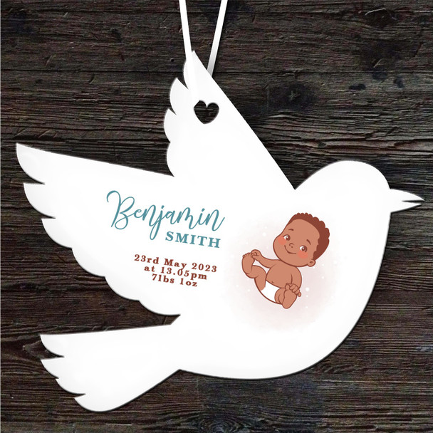 New Baby Boy Dark Skin Birth Details Bird Personalised Gift Hanging Ornament