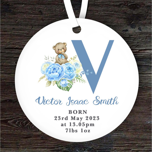 New Baby Boy Teddy Bear Letter V Personalised Gift Keepsake Hanging Ornament