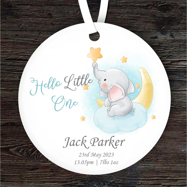 Hello New Baby Boy Elephant Moon and Stars Personalised Gift Hanging Ornament