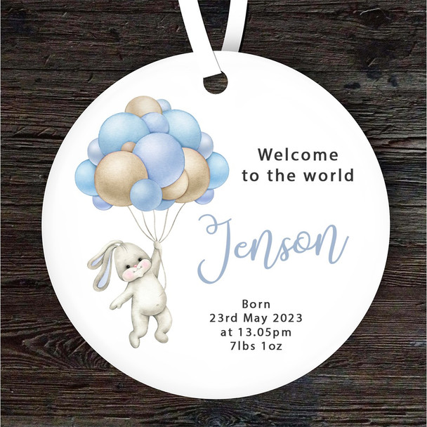 New Baby Boy Bunny Blue Balloon Personalised Gift Keepsake Hanging Ornament