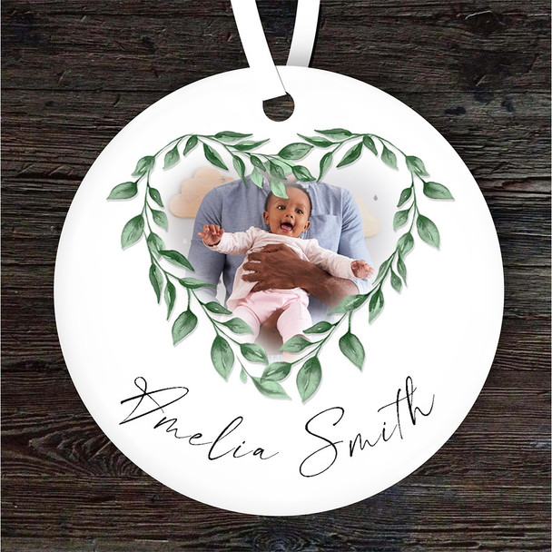 Green Leaves Heart Photo New Baby Round Personalised Gift Hanging Ornament