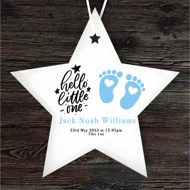 Hello New Baby Boy Blue Footprints Star Personalised Gift Hanging Ornament
