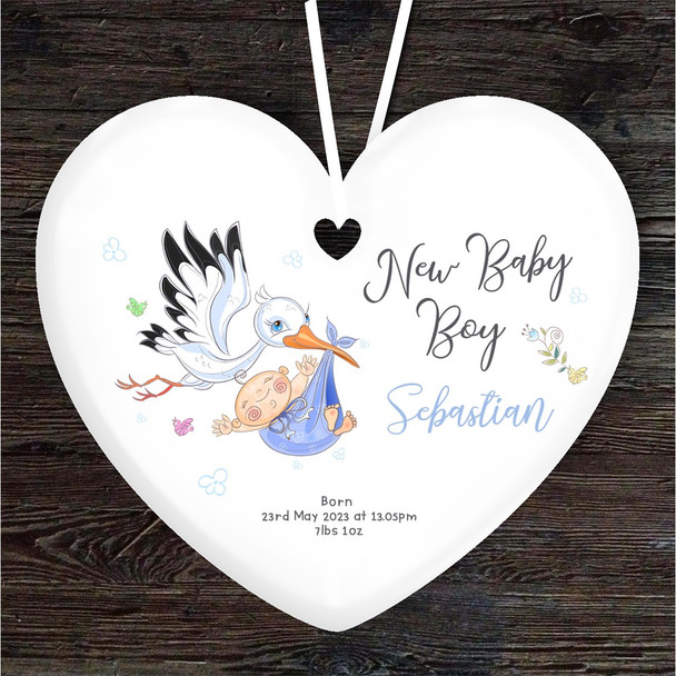 New Baby Boy Stork Birth Details Heart Personalised Gift Hanging Ornament