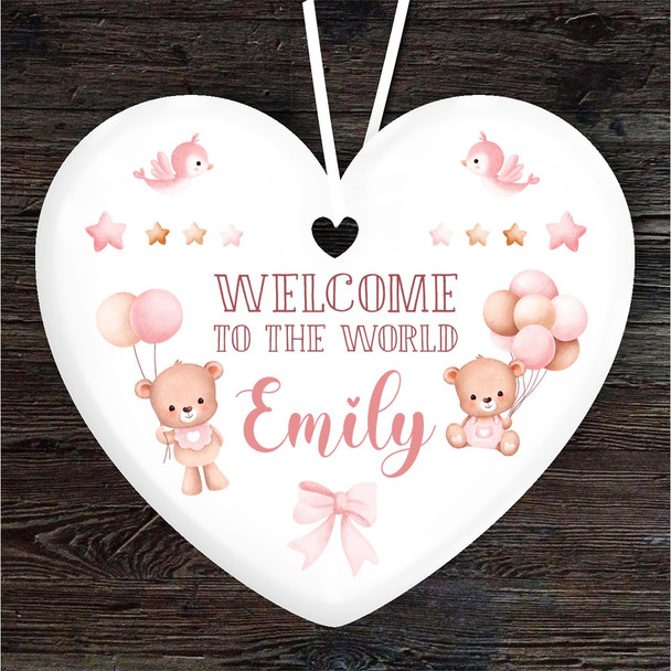 Welcome New Baby Girl Pink Bears Heart Personalised Gift Hanging Ornament