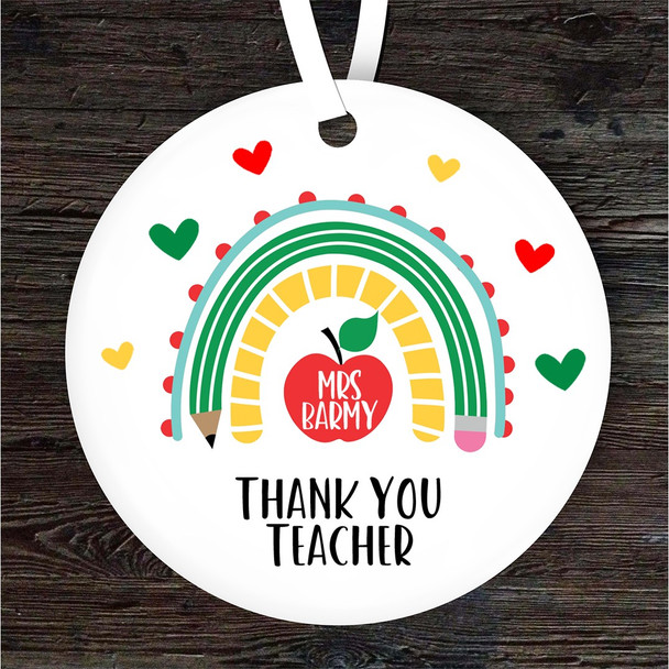 Thank You Teacher Rainbow Hearts Pencil Round Personalised Gift Hanging Ornament