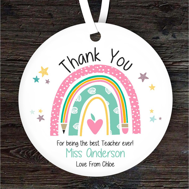 Thank You Teacher Pastel Rainbow Stars Round Personalised Gift Hanging Ornament