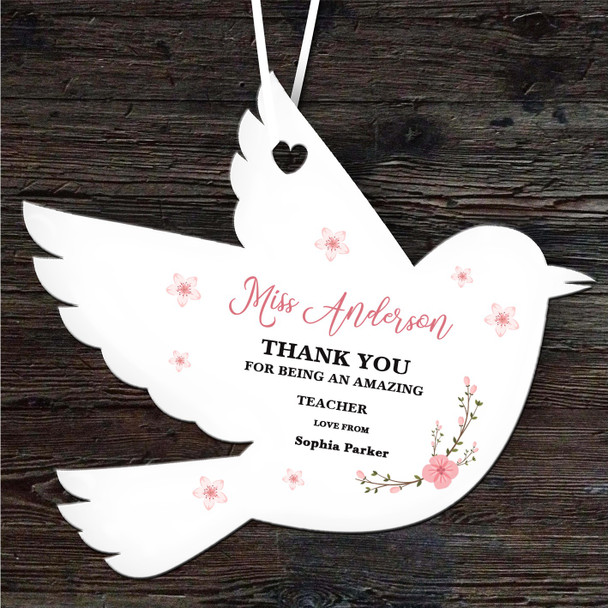Thank You Teacher Pink Blossom Bird Personalised Gift Keepsake Hanging Ornament