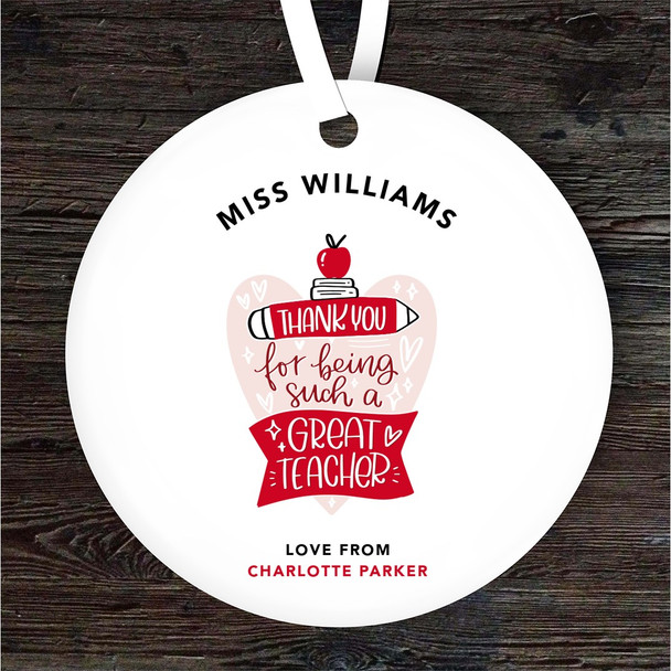 Thank You Great Teacher Apple With Pencil Personalised Gift Hanging Ornament