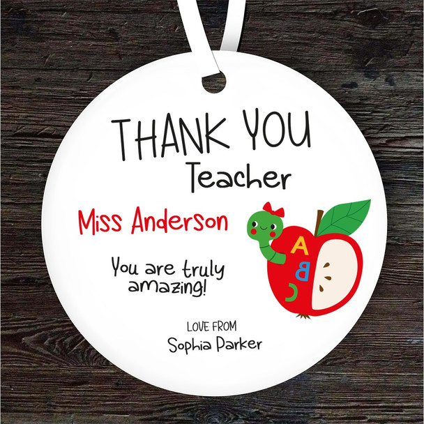Thank You Teacher Worm And Apple Personalised Gift Keepsake Hanging Ornament