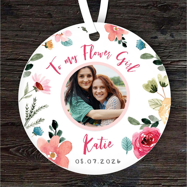 To My Flower Girl Wreath Photo Wedding Round Personalised Gift Hanging Ornament
