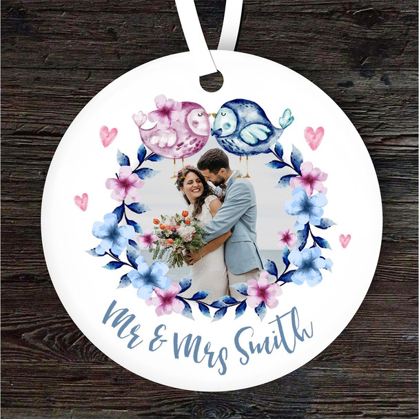 Mr & Mrs Love Birds Wedding Photo Round Personalised Gift Hanging Ornament