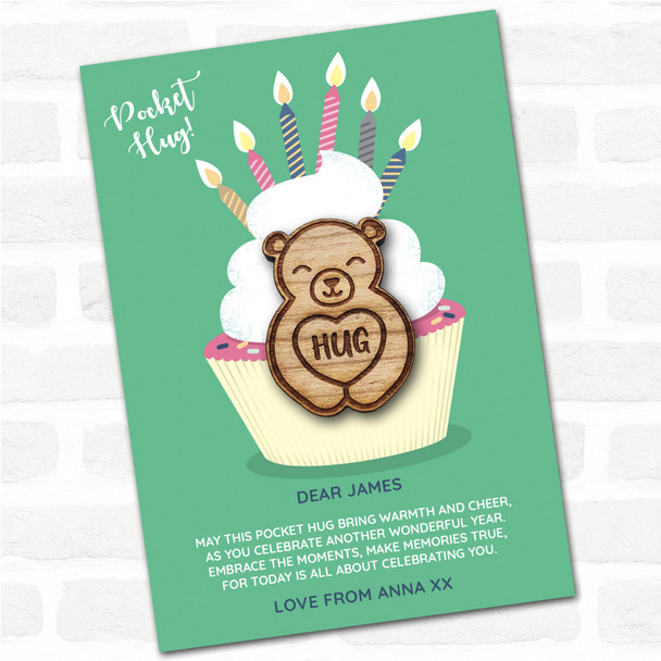 Smiling Cute Bear Cupcake Happy Birthday Personalised Gift Pocket Hug