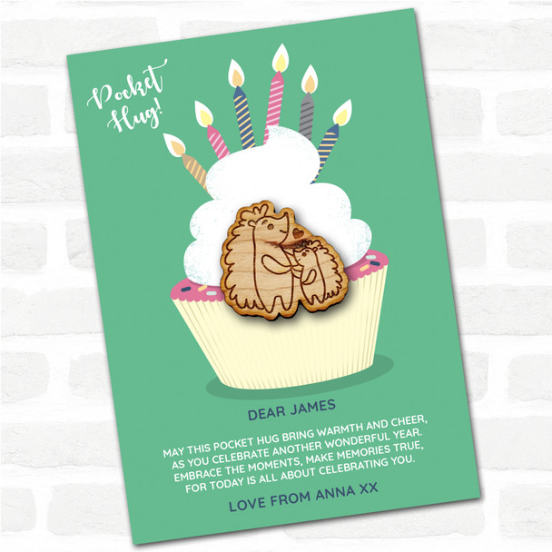 Hedgehog Parent & Child Cupcake Happy Birthday Personalised Gift Pocket Hug