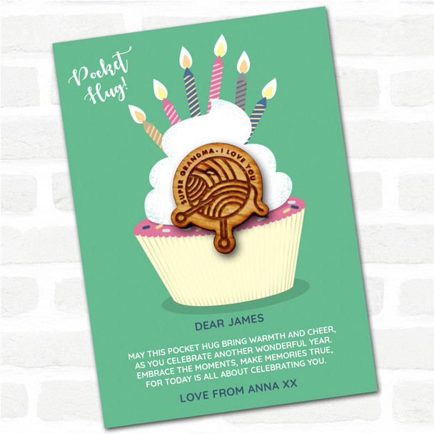 Knitting Needles In Wool Cupcake Happy Birthday Personalised Gift Pocket Hug