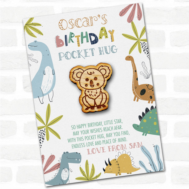 Cute Smiley Koala Kid's Boys Birthday Dinosaur Personalised Gift Pocket Hug