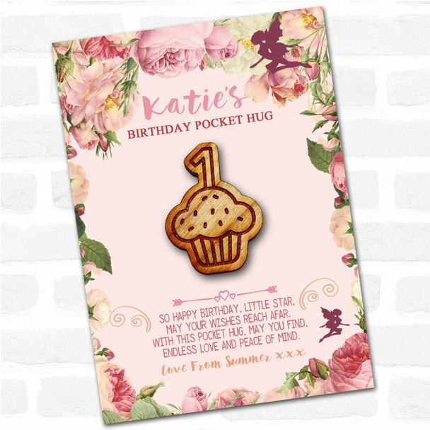 Cupcake 1 Candle Kid's Girls Birthday Fairy Personalised Gift Pocket Hug