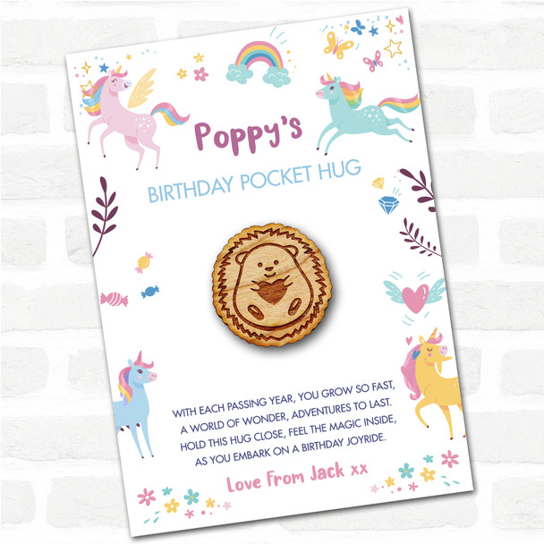 Cute Hedgehog Hugging Heart Kid's Birthday Unicorn Personalised Gift Pocket Hug
