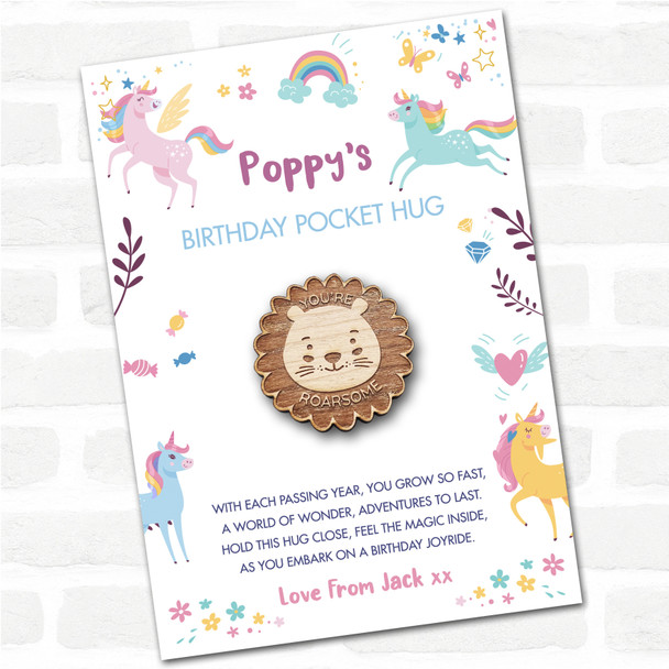 Cute Lion Kid's Girls Birthday Unicorn Personalised Gift Pocket Hug