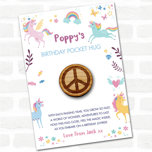 Peace Symbol Kid's Girls Birthday Unicorn Personalised Gift Pocket Hug