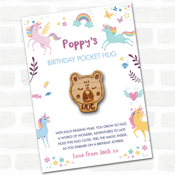 Sleepy Bear Kid's Girls Birthday Unicorn Personalised Gift Pocket Hug