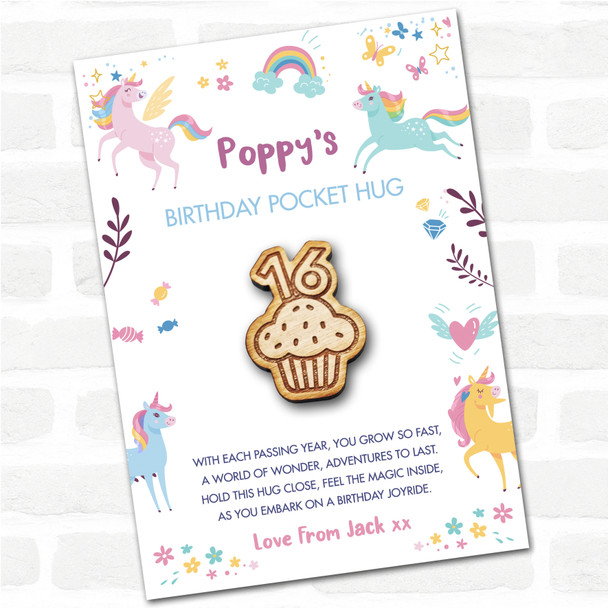 Cupcake 16 Kid's Girls Birthday Unicorn Personalised Gift Pocket Hug