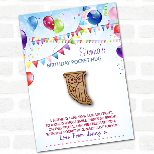 Owl Looking To The Side Kid's Birthday Balloons Personalised Gift Pocket Hug