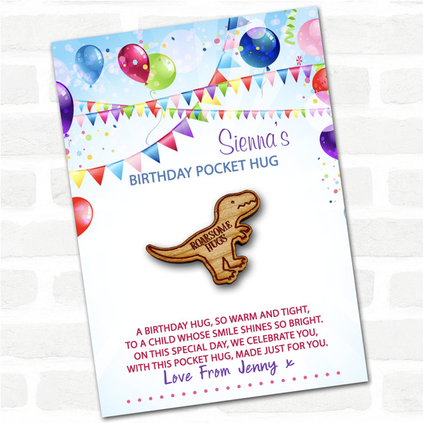 T-Rex Dinosaur Kid's Birthday Balloons Personalised Gift Pocket Hug