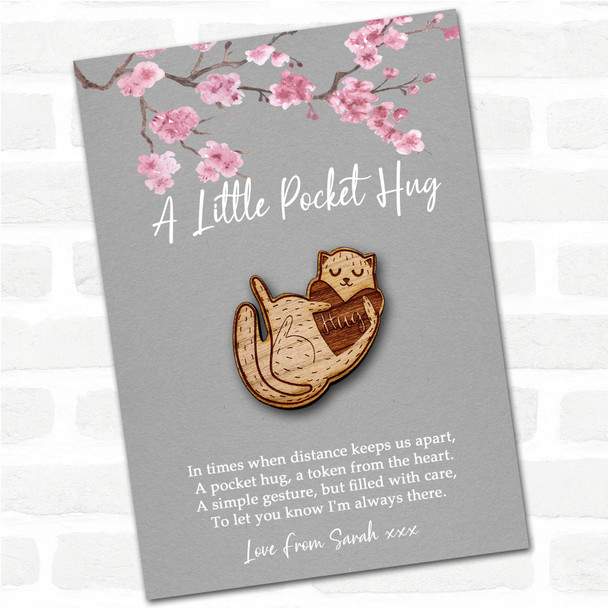 Cat Cuddling Love Heart Grey Pink Blossom Personalised Gift Pocket Hug