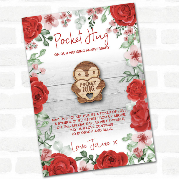 Penguin Holding Heart Roses Wedding Anniversary Personalised Gift Pocket Hug