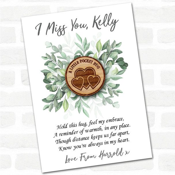 Circle Three Hearts Green Leaves I Miss You Personalised Gift Pocket Hug