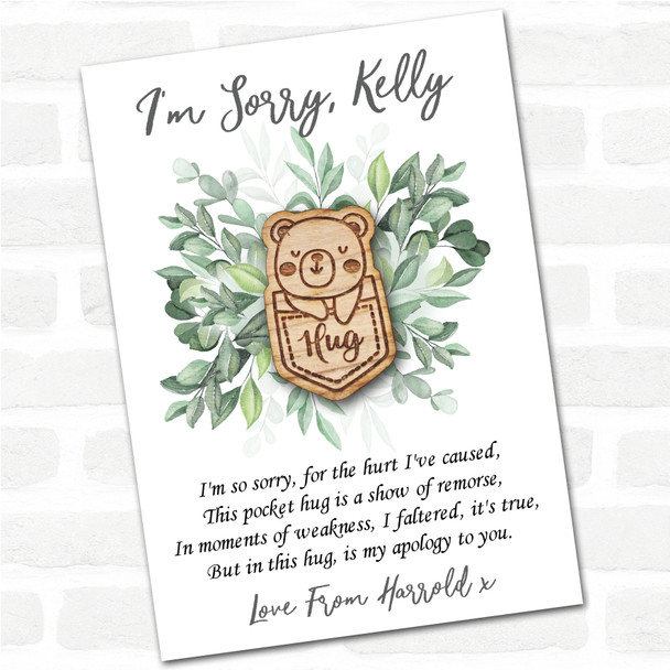 Bear In A Pocket Leaves I'm Sorry Apology Personalised Gift Pocket Hug