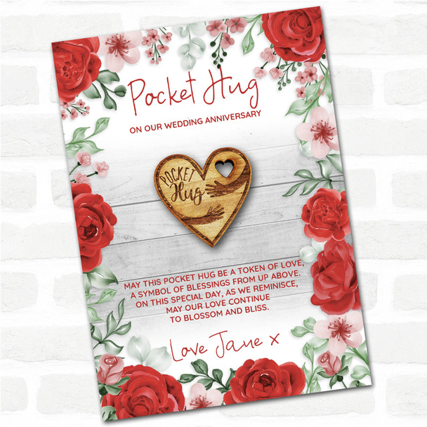 Cuddling Arms In Heart Roses Wedding Anniversary Personalised Gift Pocket Hug