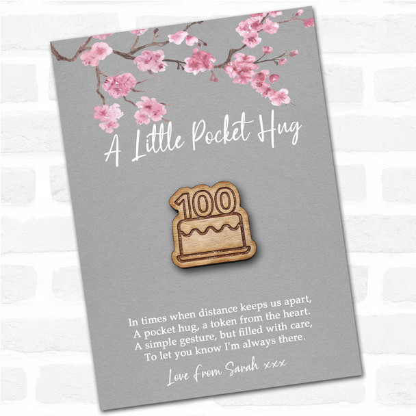 Birthday Cake 100 Candles Grey Pink Blossom Personalised Gift Pocket Hug