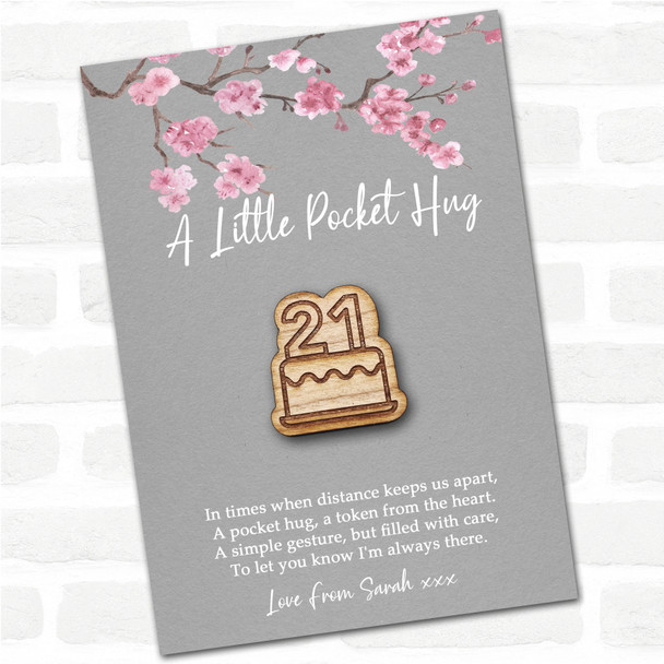 Cake 21 Grey Pink Blossom Personalised Gift Pocket Hug