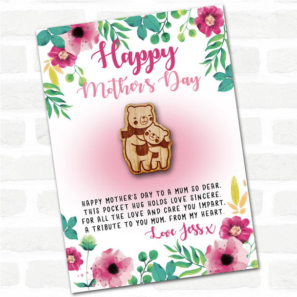 2 Bears In Scarves Cuddling Pink Happy Mother's Day Personalised Gift Pocket Hug