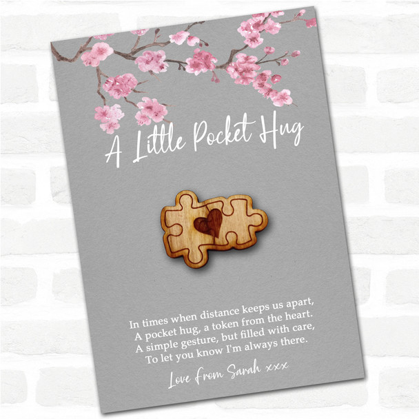 2 Puzzle Pieces Heart Grey Pink Blossom Personalised Gift Pocket Hug
