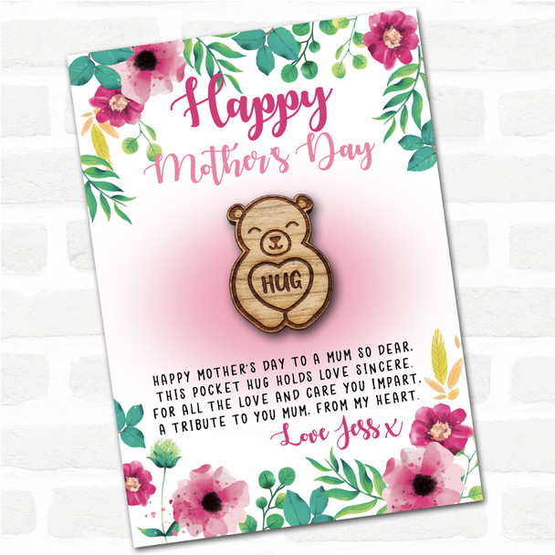 Smiling Cute Bear Pink Floral Happy Mother's Day Personalised Gift Pocket Hug