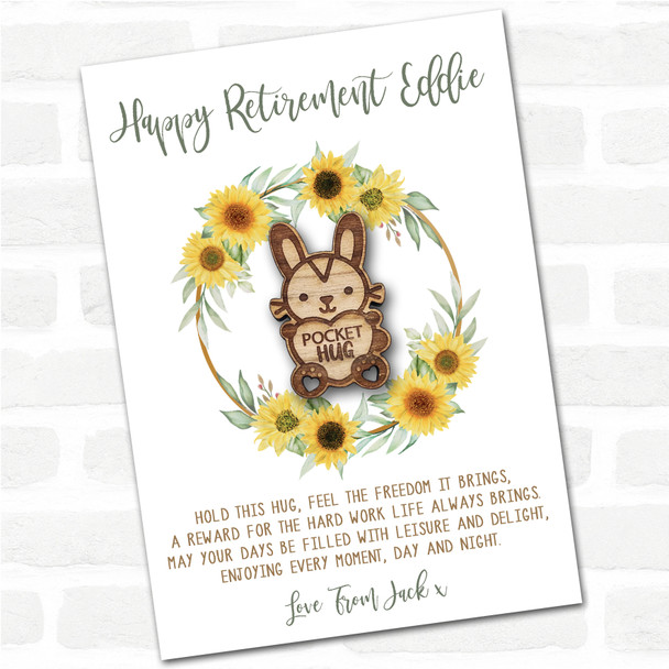 Bunny Rabbit Heart Happy Retirement Sunflower Personalised Gift Pocket Hug
