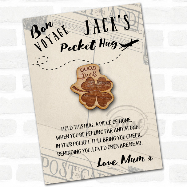 Four Leaf Clover Bon Voyage Good Luck Travelling Personalised Gift Pocket Hug