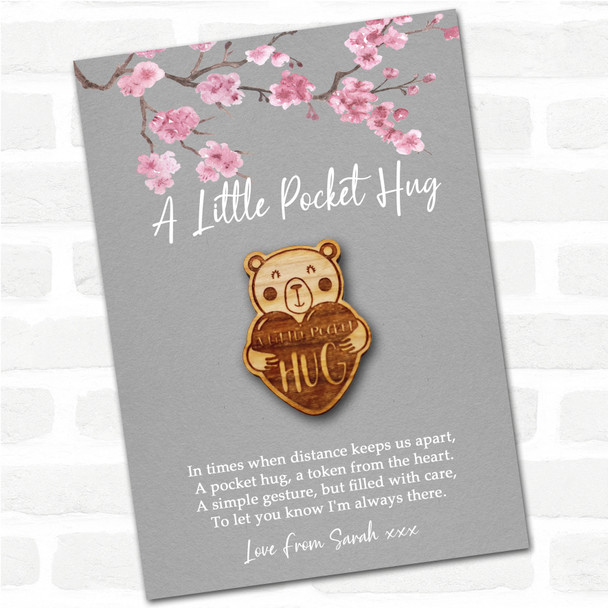 Love Heart Teddy Bear Grey Pink Blossom Personalised Gift Pocket Hug