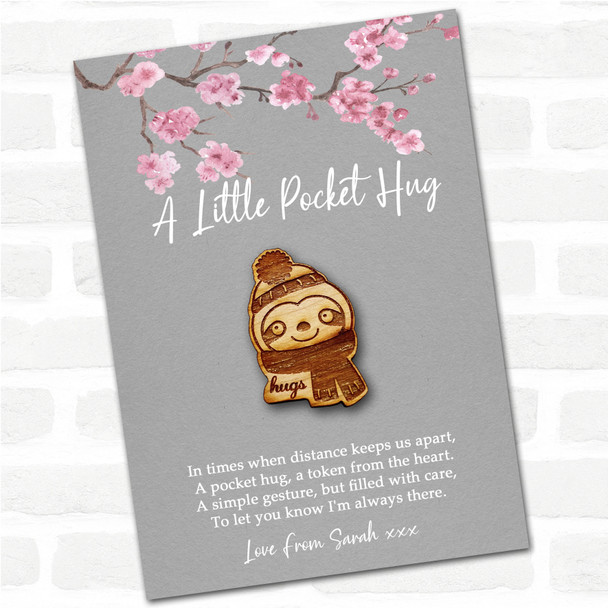 Sloth In Hat and Scarf Grey Pink Blossom Personalised Gift Pocket Hug